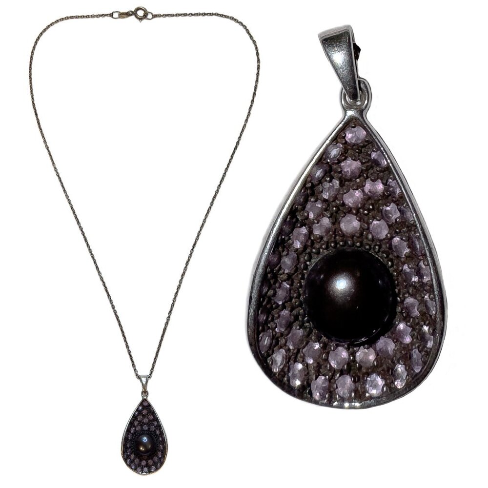 Tahitian Peacock Pearl Pink Tourmaline Scoop Teardrop Pendant Sterling Silver